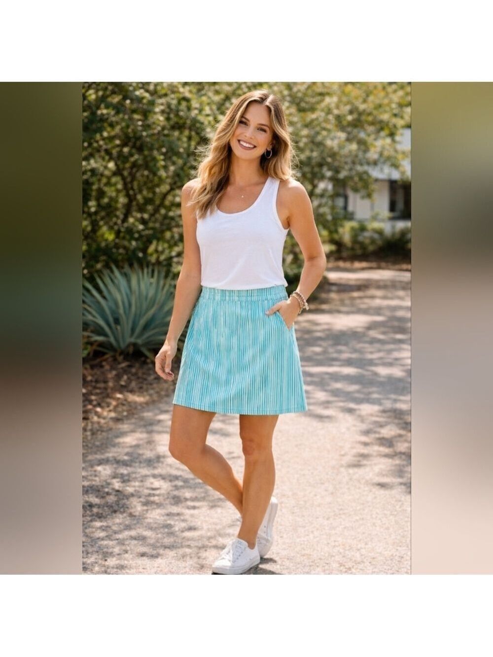 Ripskirt Turquoise & White Striped Pull-On Skirt Size Large NWOT